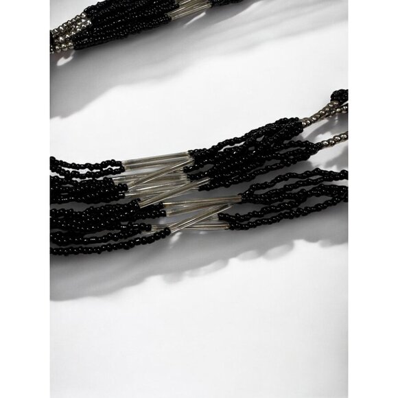 Vintage Multi-Strand Glass Bead Necklace Black Silver 36-38In Adj Boho Elegant - Picture 8 of 9